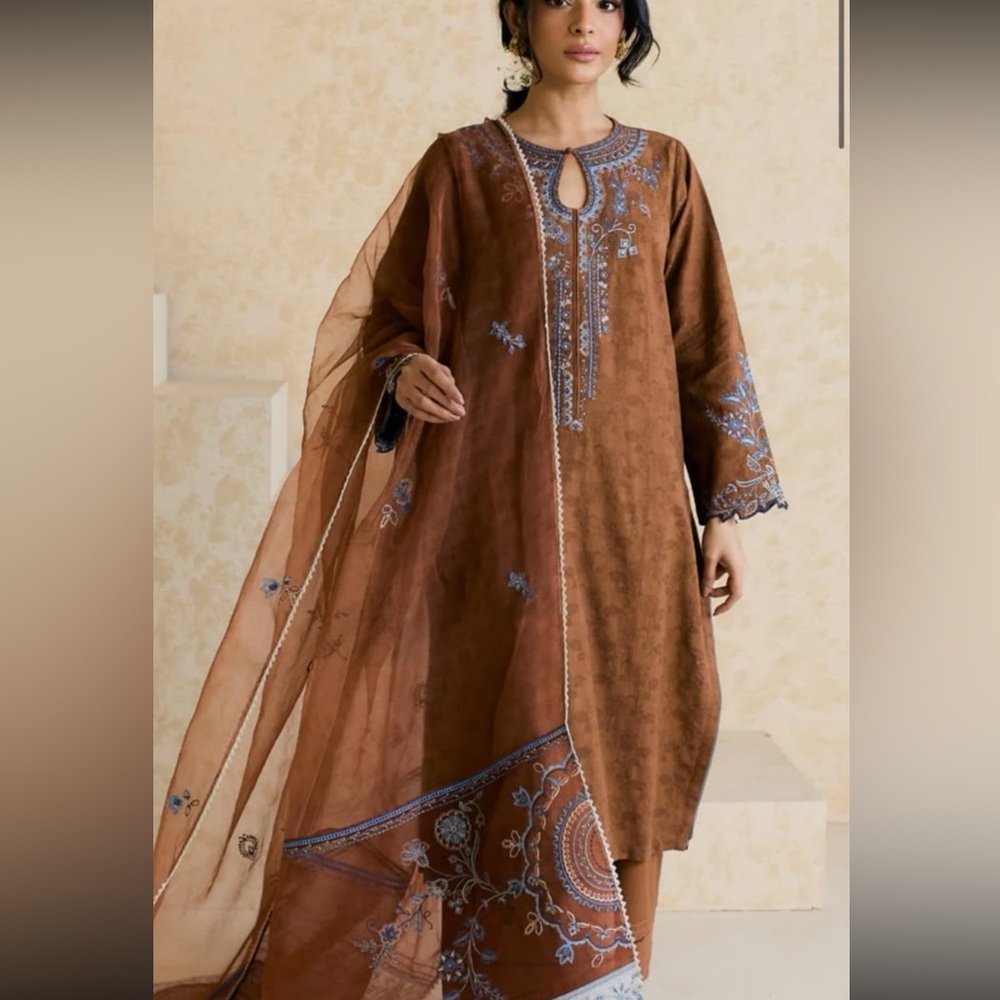 Elegant Brown Embroidered Dress